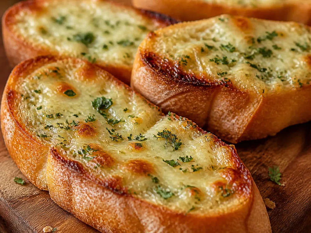 Garlic bread topped with melted Green Thunder cheese showing herb flecks - Green Thunder cheese | KnowTheCheese