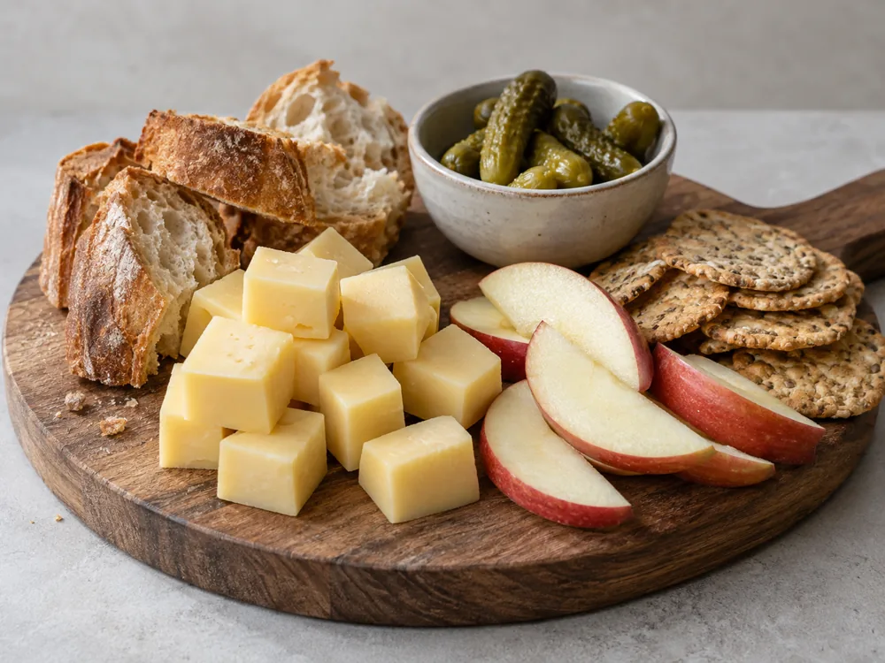 Wooden board with cheese cubes, crusty bread, crackers, apple slices and a bowl of pickles - Green Thunder cheese | KnowTheCheese