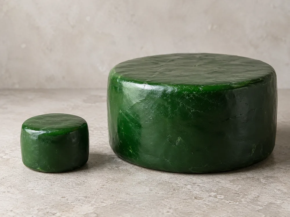A small green-wax cheese truckle beside a much larger green-wax cheese wheel - Green Thunder cheese | KnowTheCheese