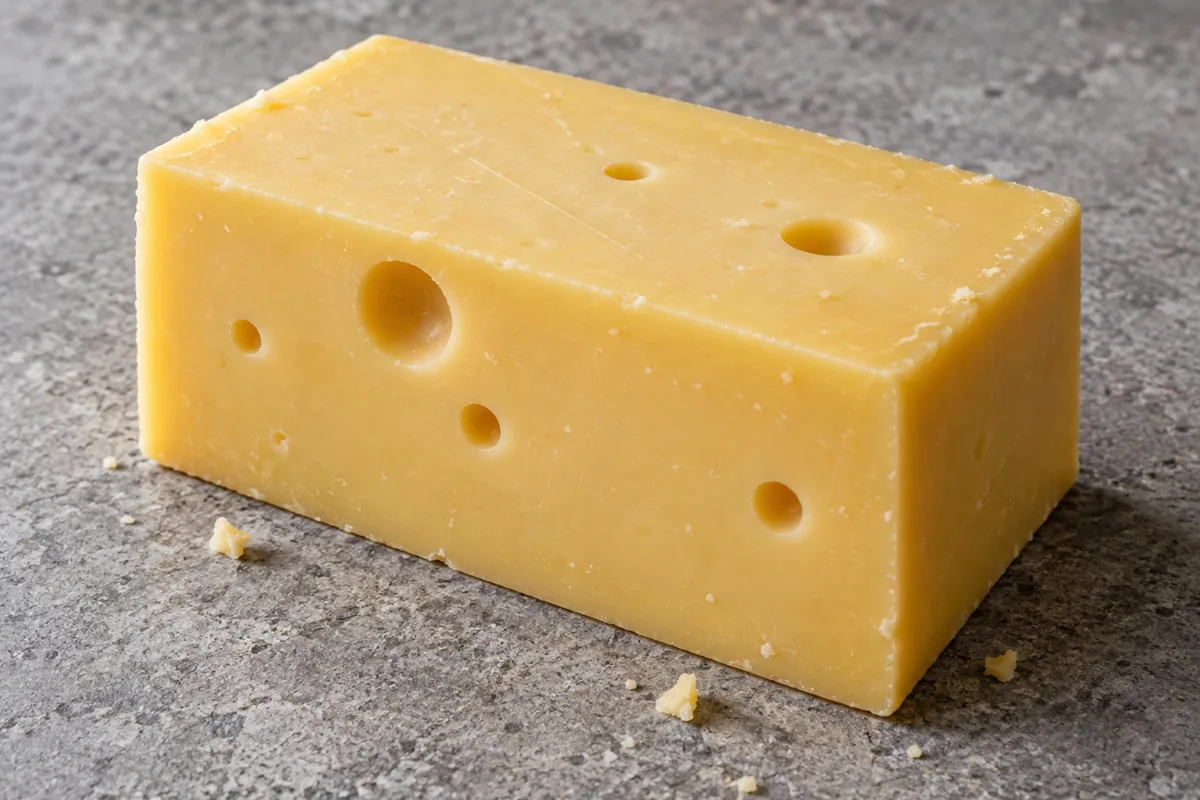 Block of golden-yellow semi-hard cheese with a few round holes - Greve cheese | KnowTheCheese