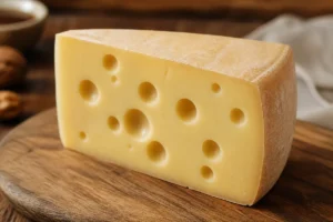 Wedge of Greve cheese with large round holes