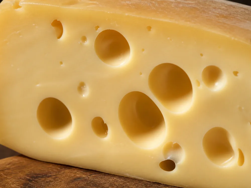 Close-up of the large round holes in a cut wedge of Greve cheese - Greve cheese | KnowTheCheese