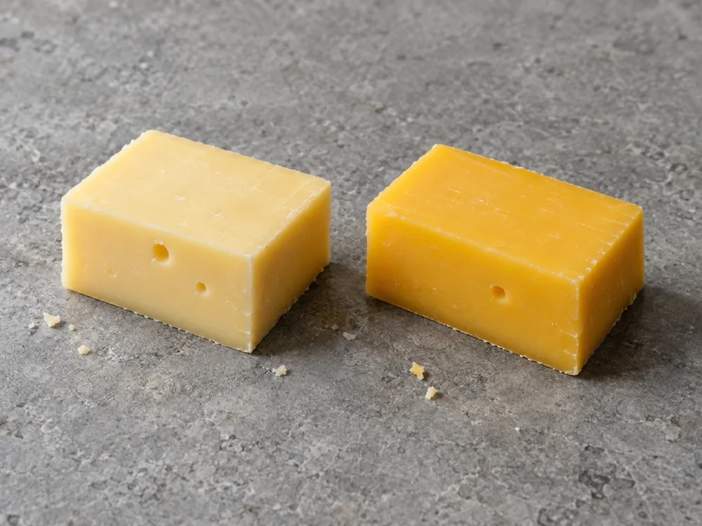 Two cut pieces of semi-hard cheese, one lighter yellow and one deeper yellow - Greve cheese | KnowTheCheese
