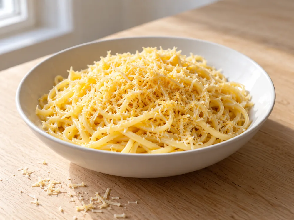 Bowl of pasta topped with finely grated golden-yellow cheese - Greve cheese | KnowTheCheese