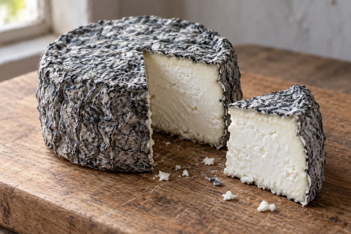 Round wheel of ash-coated goat cheese with a cut wedge showing white paste - Grey Owl | KnowTheCheese