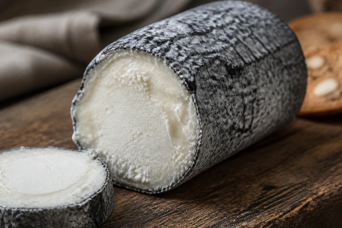 Log of Grey Owl cheese with wrinkly ash-grey rind and snow-white paste