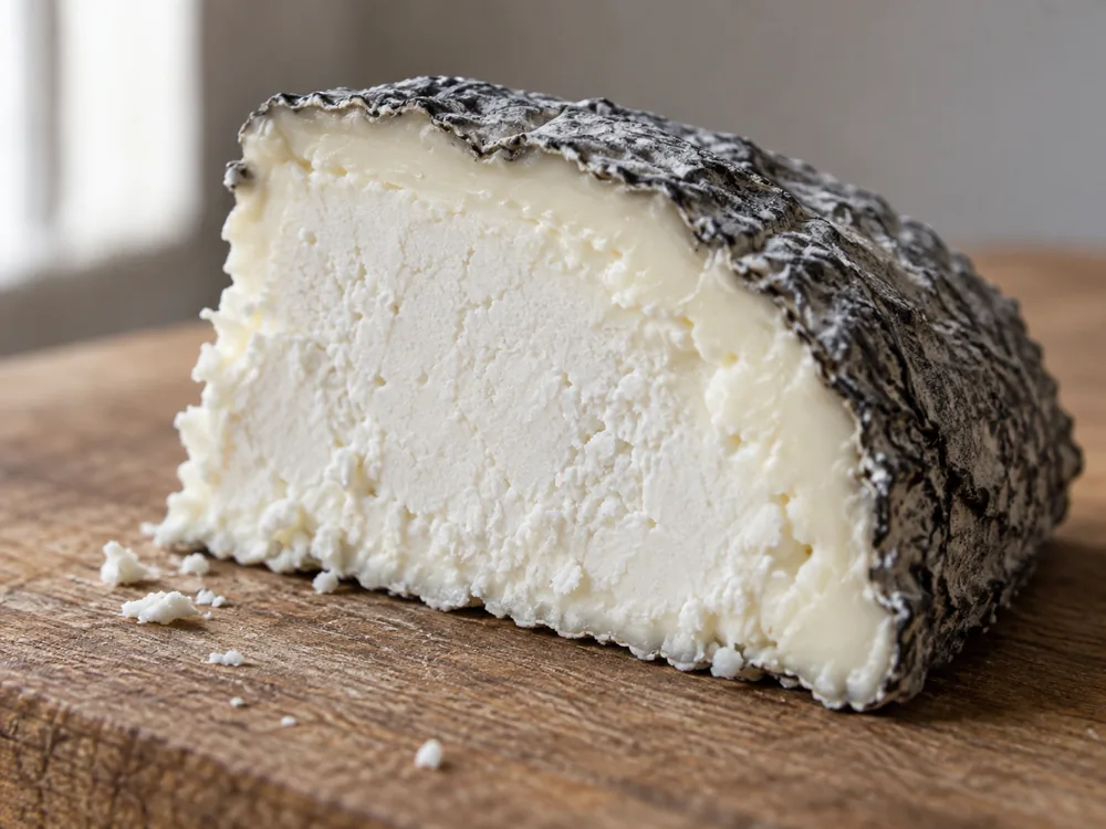 Wedge of ash-coated goat cheese with a dense white center and creamy band under the rind - Grey Owl | KnowTheCheese