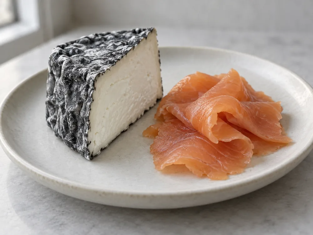 Wedge of ash-coated goat cheese beside slices of smoked salmon on a plate - Grey Owl | KnowTheCheese