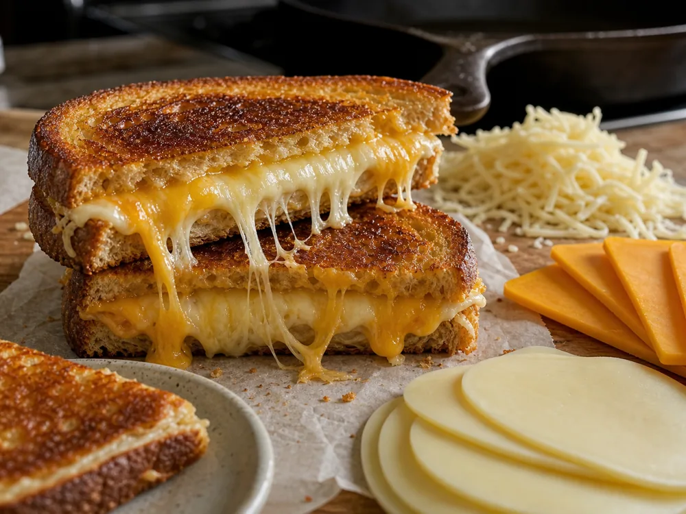 Grilled cheese sandwich with a melted cheese pull beside cheddar, provolone-style slices, and grated cheese