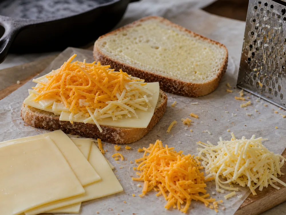 Partly assembled grilled cheese with deli slices, grated cheddar, and grated Gruyere on a prep board - Best cheese for grilled cheese | KnowTheCheese