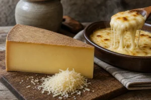 Gruyere wedge with natural rind, grated cheese, and a smooth gratin melt cue - Gruyere cheese | KnowTheCheese