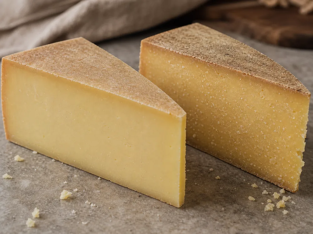 Classic and Reserve Gruyere showing denser aged paste and tiny crystals - Gruyere cheese | KnowTheCheese