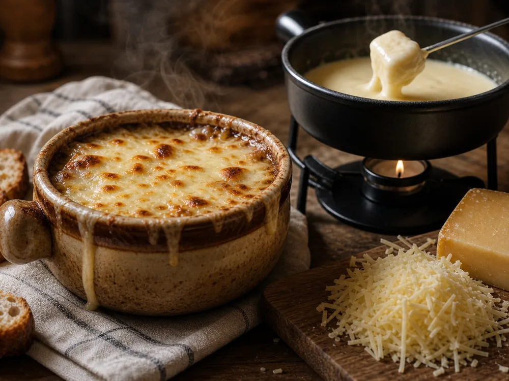 French onion soup, fondue, and grated Gruyere showing the cheese's main cooking uses - Gruyere cheese | KnowTheCheese