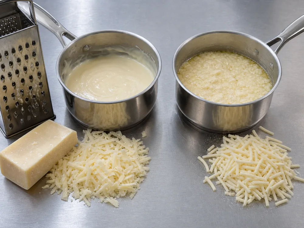 Smooth fresh-grated alpine cheese sauce beside grainy pre-shredded cheese sauce - Gruyere substitutes | KnowTheCheese