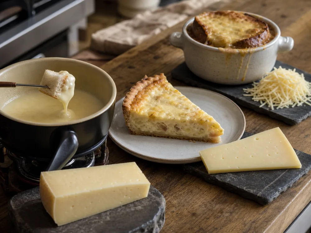 Fondue, quiche, and onion-soup crostini showing different Gruyere substitute uses - Gruyere substitutes | KnowTheCheese