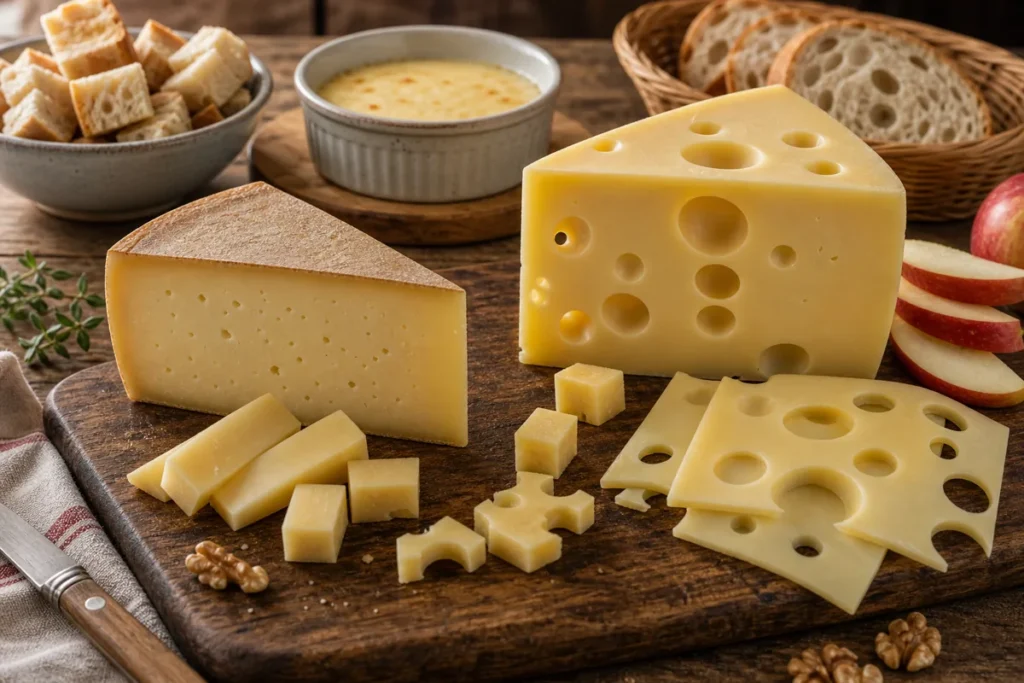 Gruyere wedge and Emmental slices with holes beside fondue.