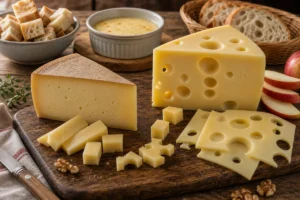 Gruyere wedge and Emmental slices with holes beside fondue.