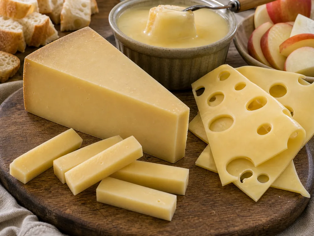 Dense Gruyere strips beside holey Emmental slices.