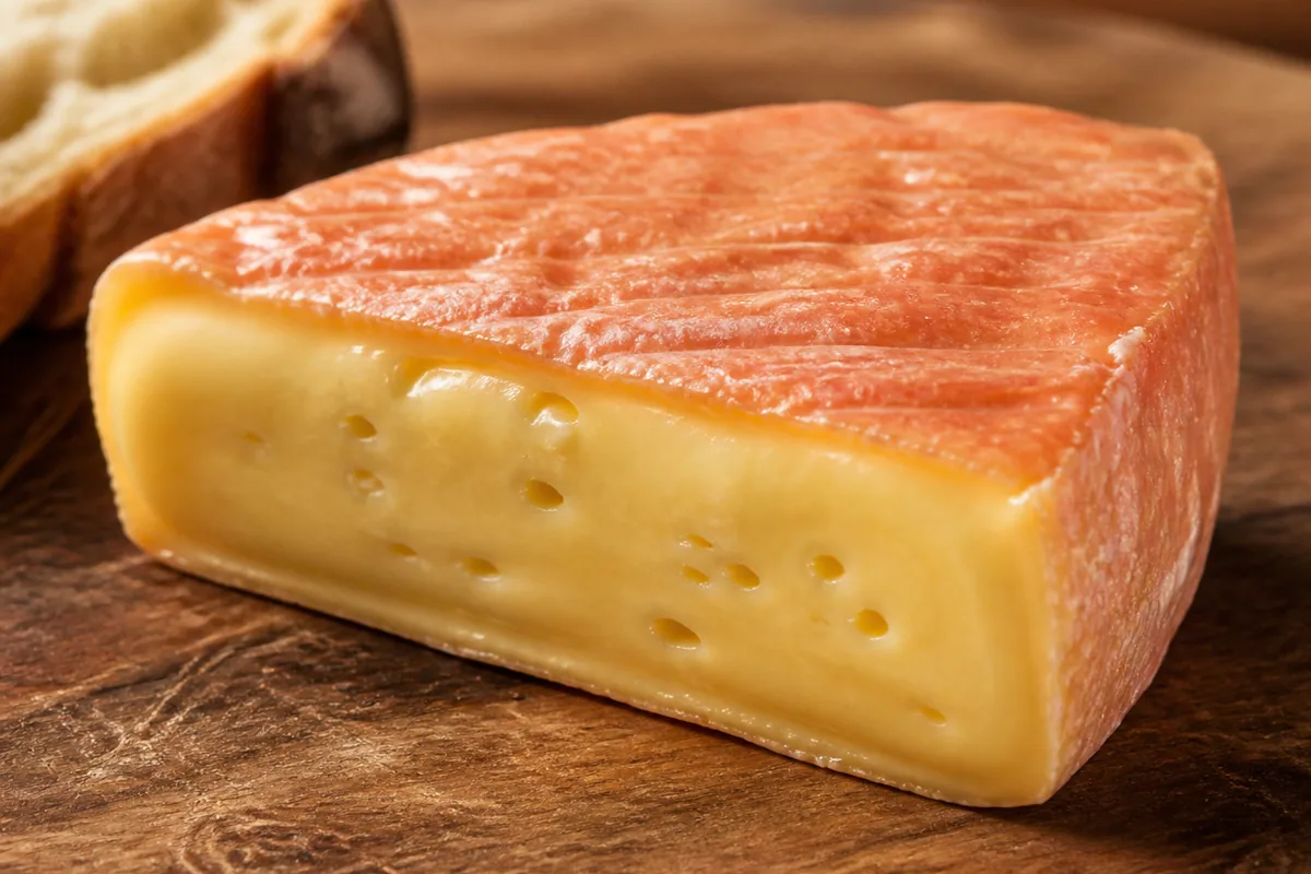 Wedge of Gubbeen cheese with washed pink-orange rind