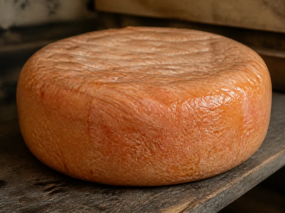 Whole wheel of Gubbeen cheese with its washed pink-orange rind - Gubbeen cheese | KnowTheCheese
