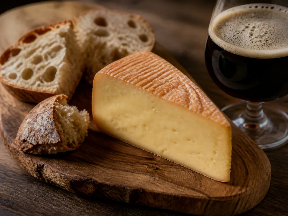 Wedge of Gubbeen cheese served with bread and a glass of dark beer - Gubbeen cheese | KnowTheCheese