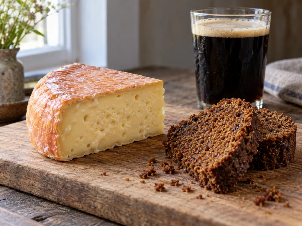 Wedge of Gubbeen cheese with gingerbread and a glass of dark beer - Gubbeen cheese | KnowTheCheese