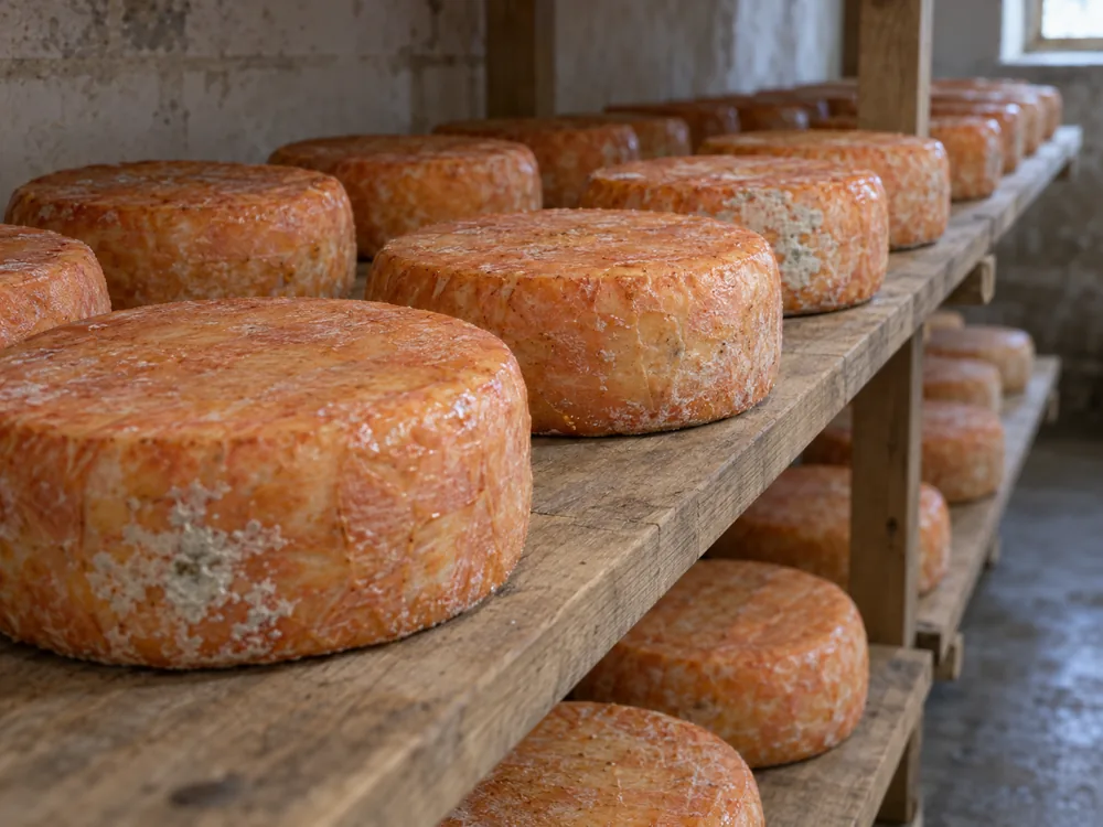 Rows of round washed-rind cheeses with orange-pink rinds and a few white patches on wooden shelves - Gubbeen cheese | KnowTheCheese