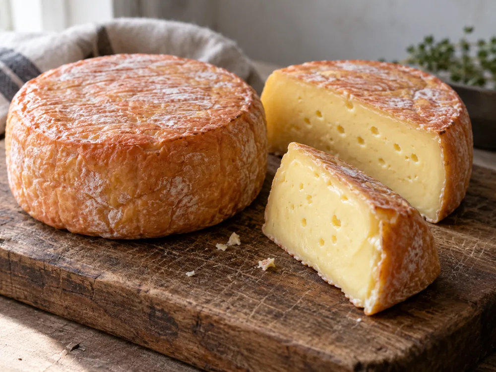 Whole round washed-rind cheese beside a cut half wheel and a wedge on a wooden board - Gubbeen cheese | KnowTheCheese