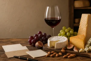 Wine and cheese pairing board with brie, cheddar, blue cheese, grapes, figs, honey, and tasting notes - How to pair wine and cheese | KnowTheCheese