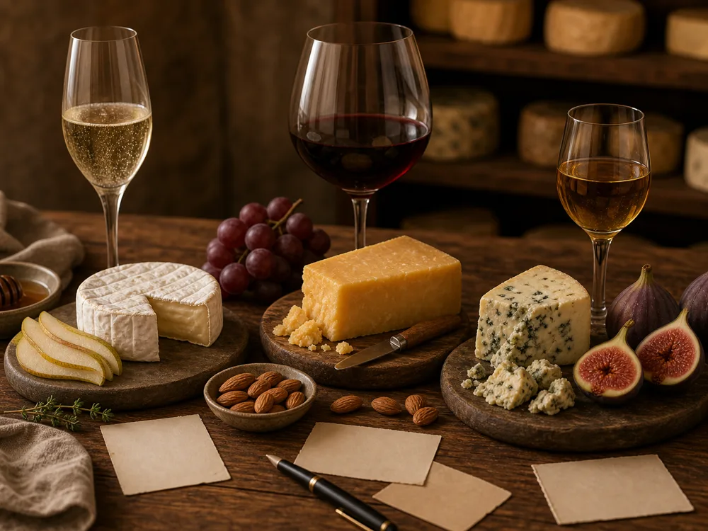 Three wine and cheese tasting stations with brie, cheddar, blue cheese, fruit, nuts, and glasses - How to pair wine and cheese | KnowTheCheese