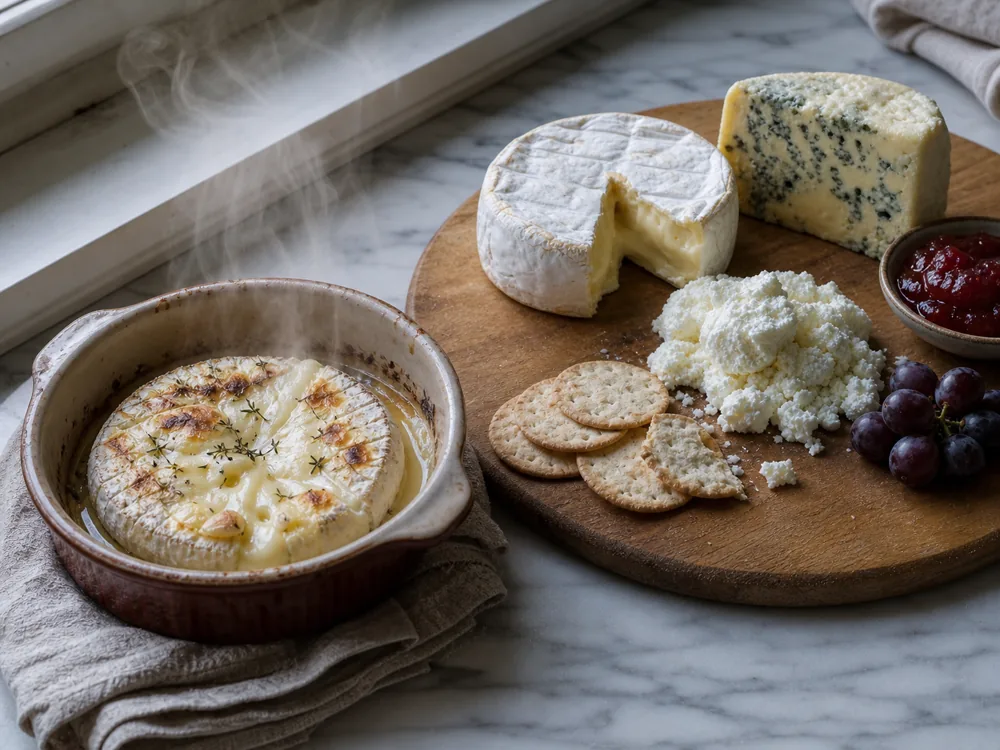 Steaming baked cheese dish beside a cool cheese board showing why service temperature changes the pregnancy decision
