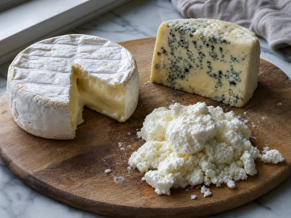 Soft-ripened cheese wheel, blue-veined wedge, and crumbly fresh white cheese arranged together to show higher-risk pregnancy cheese styles