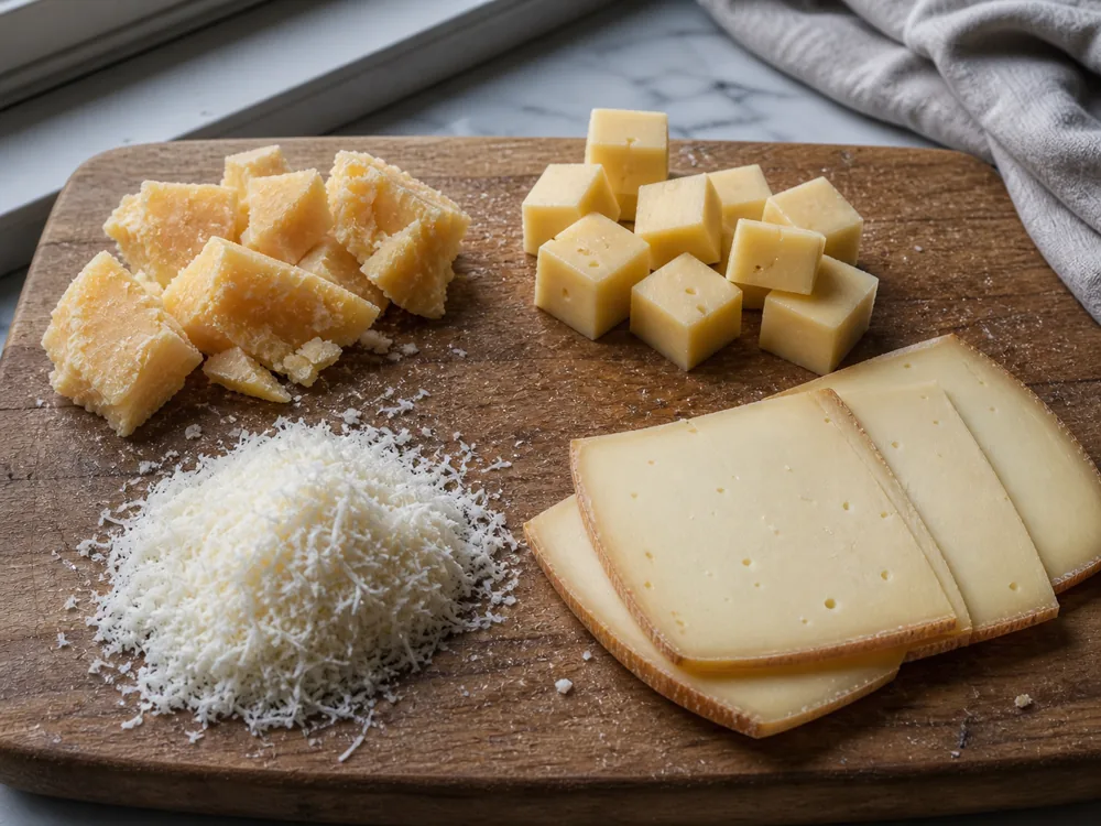 Hard cheese shards, grated Parmesan-style cheese, fondue cubes, and sandwich slices arranged by kitchen job - How to cut cheese | KnowTheCheese