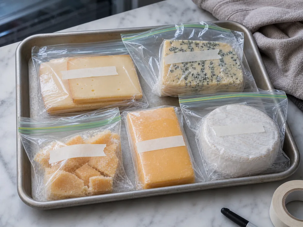Cheese portions wrapped tightly, sealed in freezer bags, dated, and laid flat on a tray for freezing - How to freeze cheese | KnowTheCheese