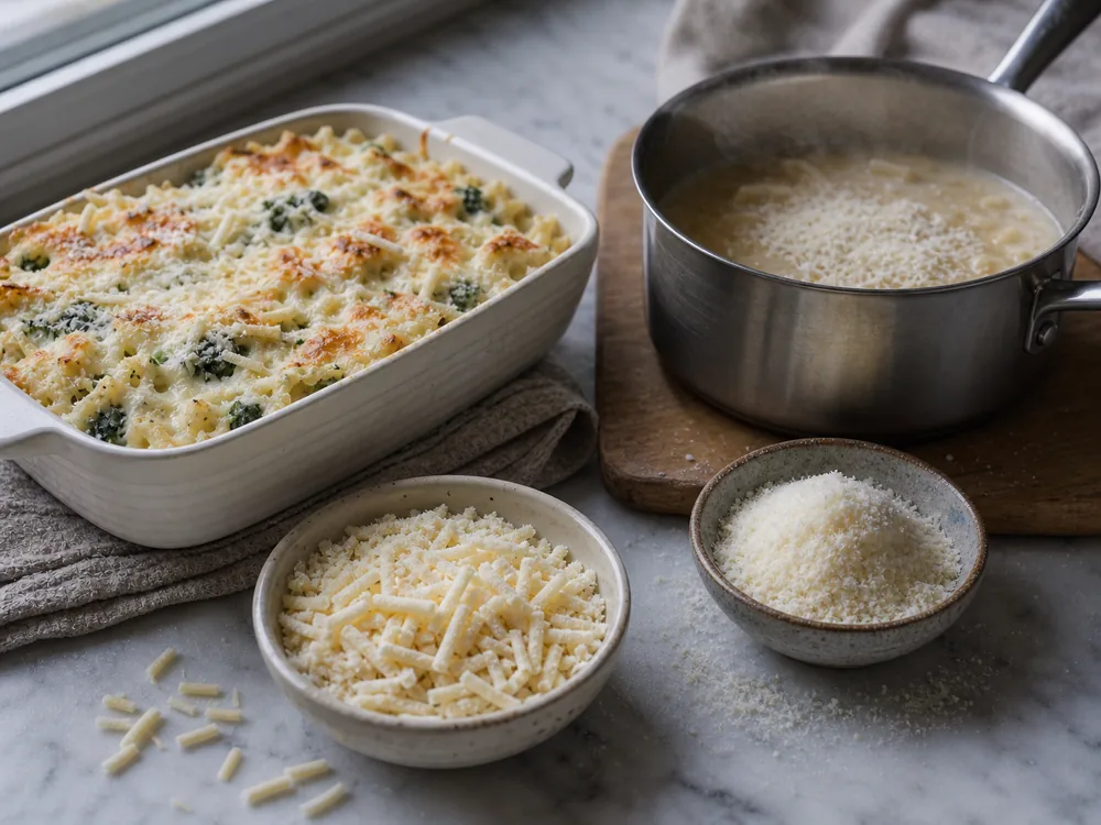 Frozen shredded cheese going onto a casserole and grated hard cheese going into a hot dish - How to freeze cheese | KnowTheCheese