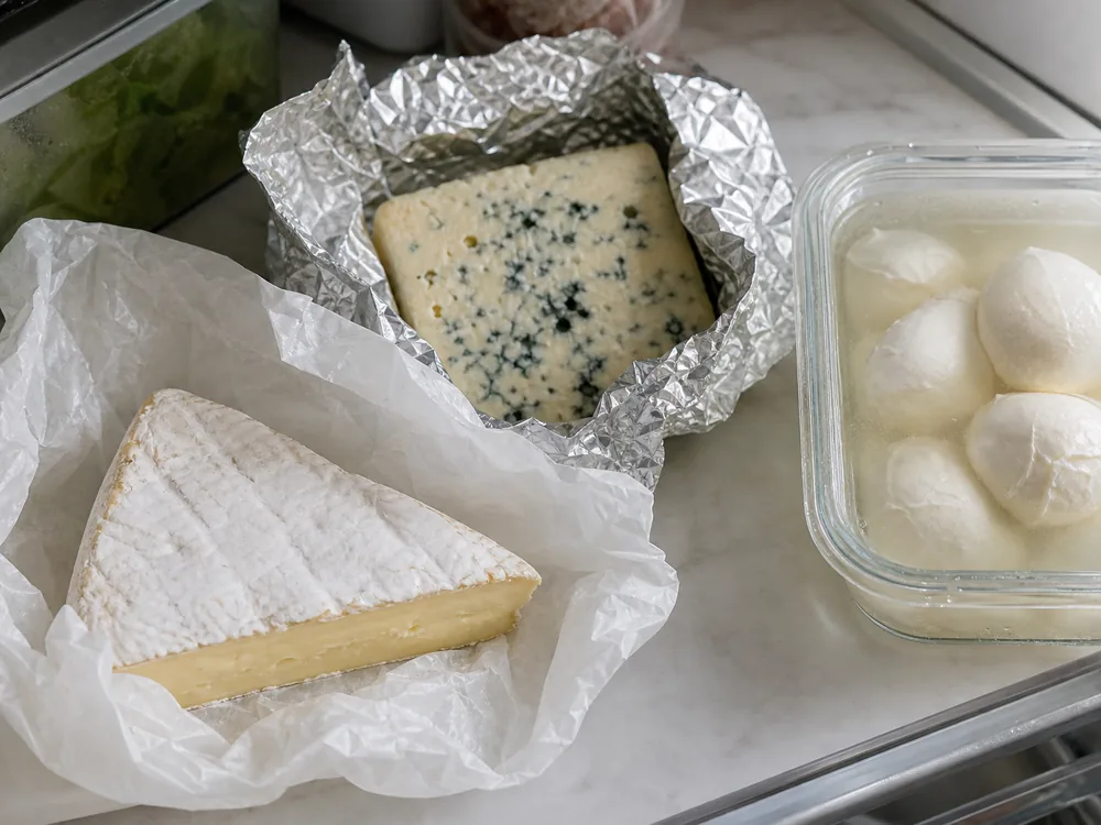 Bloomy-rind cheese in paper, blue cheese in foil, and mozzarella in brine showing different storage setups - Cheese storage guide | KnowTheCheese