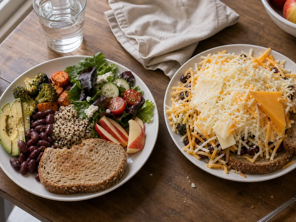 Two meal plates side by side, one with a modest measured cheese portion and one overloaded with cheese - Is cheese healthy | KnowTheCheese