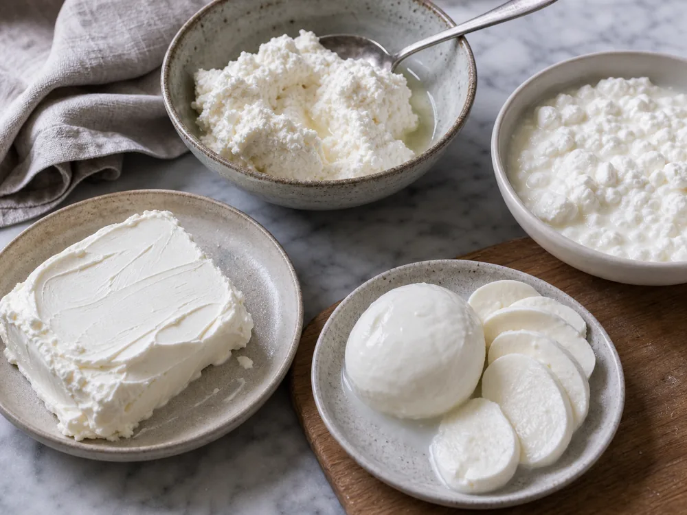 Ricotta, cottage cheese, cream cheese, and fresh mozzarella shown as wetter cheese styles with visible moisture - Lactose in cheese | KnowTheCheese