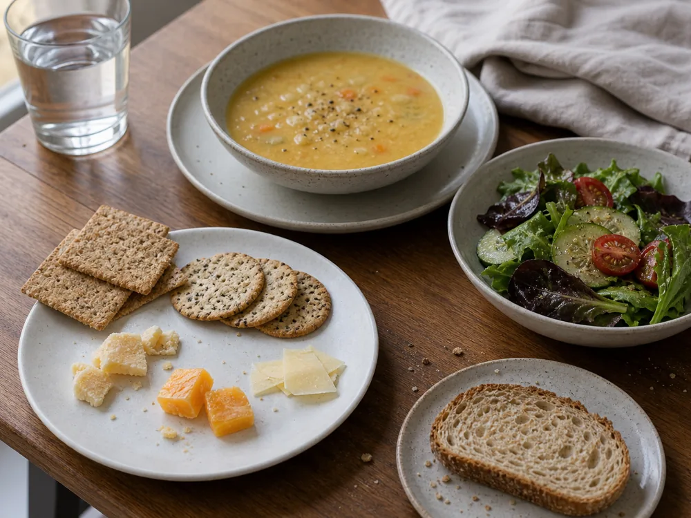 Small measured portions of aged cheese served with crackers and a meal setup for lactose testing - Lactose in cheese | KnowTheCheese