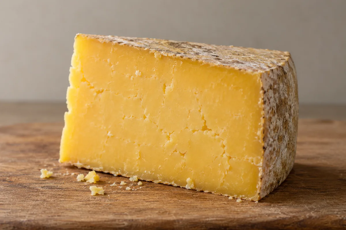 Wedge of golden-paste farmhouse cheddar with a natural rind on a wooden board - Hafod cheese | KnowTheCheese