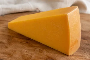 Wedge of Hafod cheddar with natural larded rind