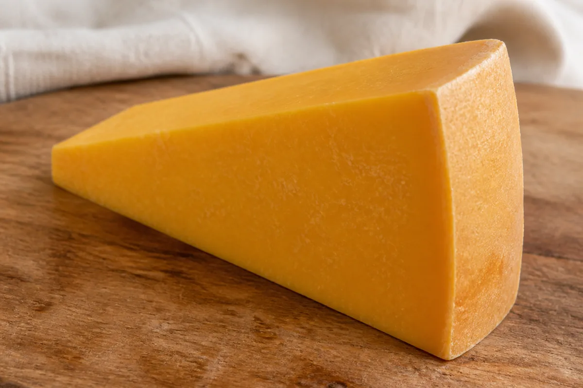 Wedge of Hafod cheddar with natural larded rind