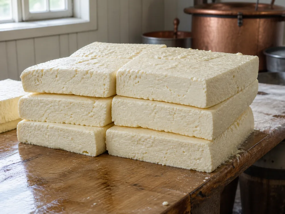 Slabs of curd stacked for the traditional cheddaring process used to make Hafod cheese - Hafod cheese | KnowTheCheese
