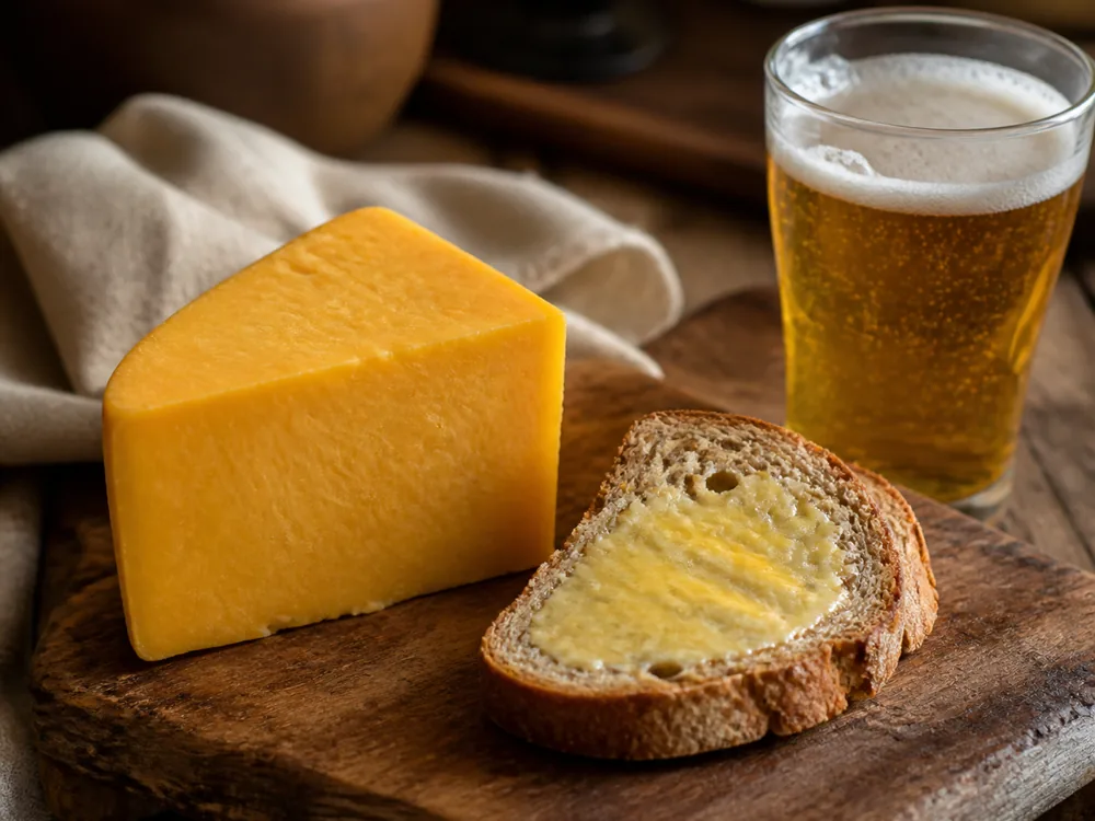 Wedge of Hafod cheese served with buttered bread and a glass of pale ale - Hafod cheese | KnowTheCheese