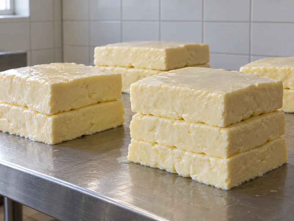 Illustration of rectangular slabs of cheddar curd stacked on a stainless steel table - Hafod cheese | KnowTheCheese