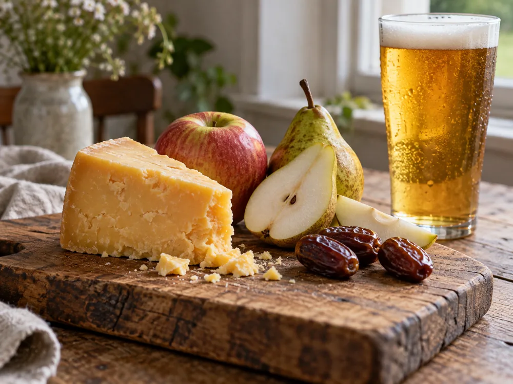 Wedge of firm cheddar with apple, pear, dates and a glass of pale ale on a wooden board - Hafod cheese | KnowTheCheese