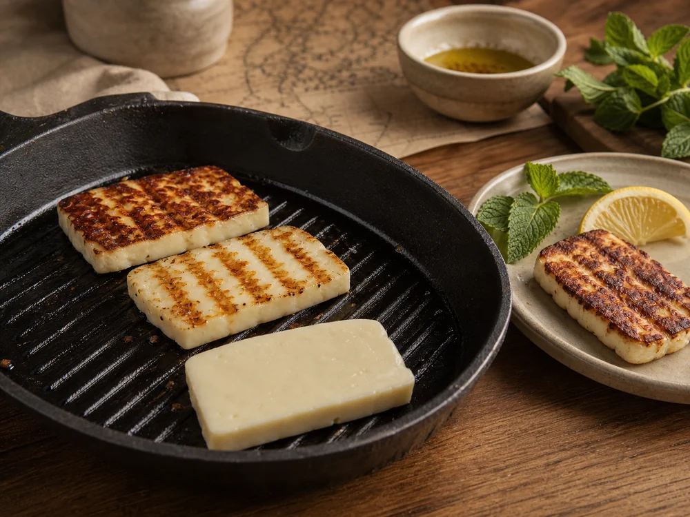 Halloumi slices browning in a grill pan while staying firm - Halloumi cheese | KnowTheCheese