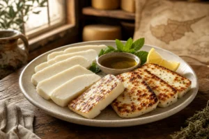 Fresh and grilled halloumi slices with lemon, mint, and olive oil - Halloumi cheese | KnowTheCheese