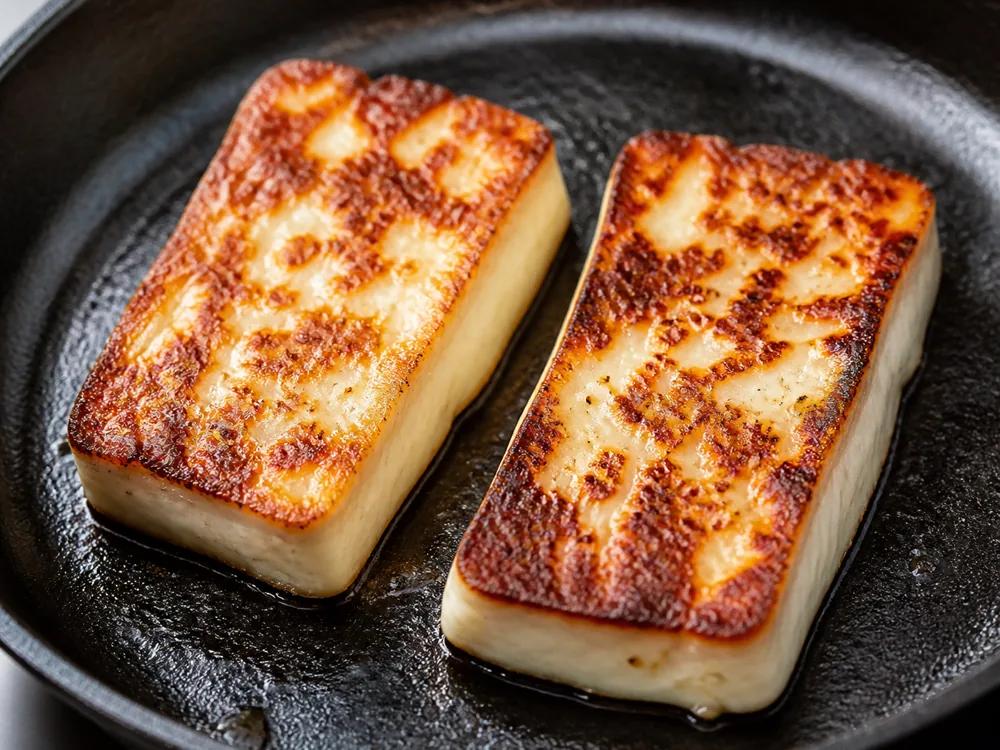Two halloumi slices browned in a cast-iron pan, still holding their rectangular shape - Halloumi | KnowTheCheese