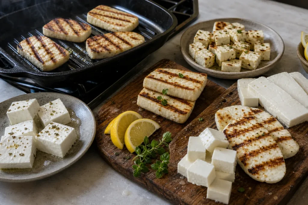 Grillable cheeses arranged as Halloumi substitutes - Halloumi substitutes | KnowTheCheese